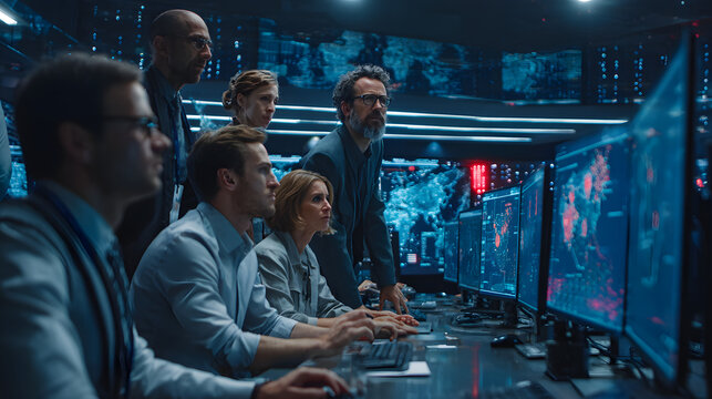 Cybersecurity Team Monitoring Threats in a Modern SOC - Powered by Adobe