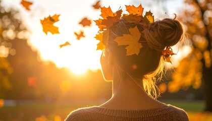 Woman with autumn leaves in hair, sunset