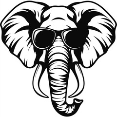 Stylish elephant head wears sunglasses in black and white line art showcases design