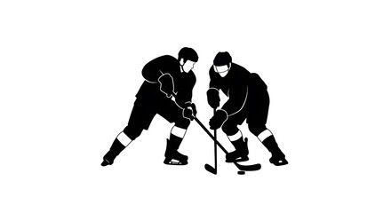 Silhouette of Two Hockey Players Facing Off with Sticks and Puck ice hockey sticks