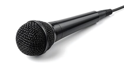 A sleek black microphone, angled slightly, sits on a plain white background, showcasing its simple yet professional design.