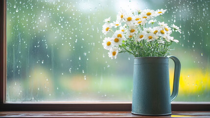 Blooming marquises in watering can by window on rainy day