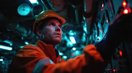 Naklejka premium Engineer in safety gear performs diagnostic tests on propulsion equipment in a dimly lit engine room of a commercial vessel.