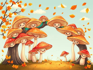 Cute smiling mushrooms growing in autumn forest forming arch