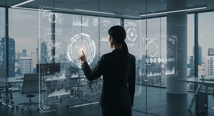 Asian Woman Touching Digital Interface in Modern Office with City View