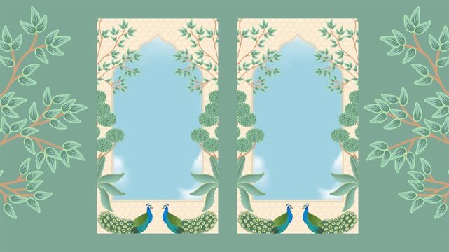Animated Indian Mughal Palace Arches with Peacocks and Foliage.