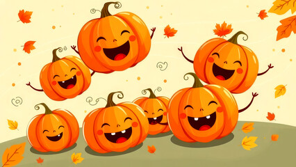 Happy pumpkins celebrating autumn with falling leaves