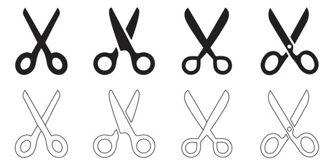 Scissors Icon Set – Black Silhouette Vector Collection of Cutting Tool Icons in Various Styles