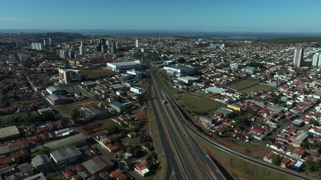 Botucatu, S&atilde;o Paulo, Brazil. High-angle aerial view of highway infrastructure development. Construction of the access road to Shopping Botucatu, on the Teacher Joao Hipolito Martins Highway (SP-209). 