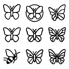Collection of nine stylized butterfly and bee icons in black outline.