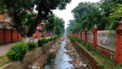 Obraz premium Polluted urban canal filled with trash and debris.