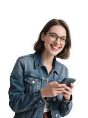 Smiling Woman with Blue Denim Jacket, Transparent PNG for Social Media Design.