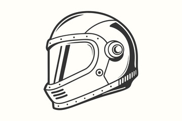 Fototapeta premium Stylized black and white outline shows a full face racing helmet with vintage design