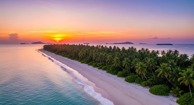 Serene tropical island sunset, showcasing a pristine beach lined with palm trees, and calm ocean waters. - Powered by Adobe