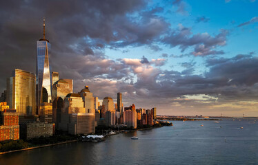 Fototapeta premium Manhattan skyline, New York, United States. Aerial view of New York city skyscrapers in Manhattan. USA NYC. NY city. Lower NYC skyline. New York cityscape. America, New York City above. NYC landmark.