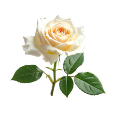Single cream-colored rose with green leaves, isolated on black