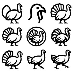 Collection of Simple Black Line Art Turkey Silhouettes.