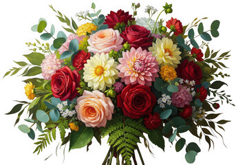Exquisite mixed flower bouquet bursting with vibrant colors and lush greenery isolated on transparent background