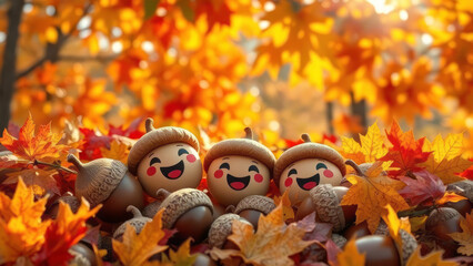 Three smiling acorns hiding in autumn leaves enjoying fall colors