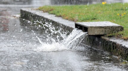 Rainwater runoff flowing into storm drain on a rainy day eye level shot in a suburban neighborhood during a downpour