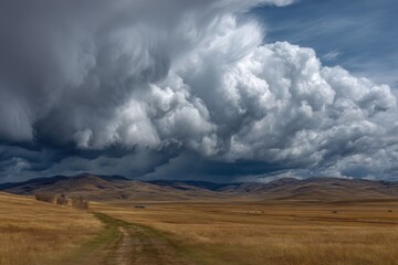 Fototapeta premium Dramatic Storm Clouds Looming Over Montana Landscape Wide Angle Rural Scene Countryside Vastness
