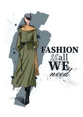 Set of young beautiful women in stylish clothes. Fashion sketch