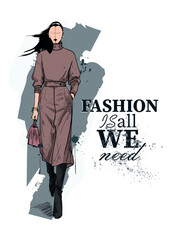 Set of young beautiful women in stylish clothes. Fashion sketch