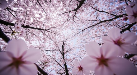 Delicate pink cherry blossoms blooming against a soft blue sky, viewed from below in spring.