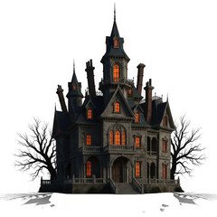 Obraz premium Spooky victorian mansion with glowing windows isolated on transparent background
