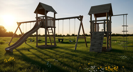 Sunset Serenity Wooden Playground in a Summer Meadow