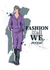 Set of young beautiful women in stylish clothes. Fashion sketch