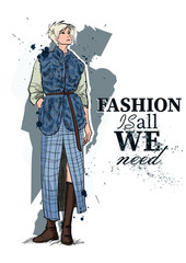 Set of young beautiful women in stylish clothes. Fashion sketch