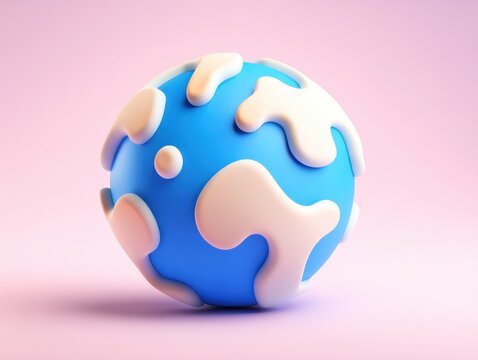 Stylized Earth globe rotating on soft pink background, 3D render, conceptual illustration, close up, studio shot, bright light