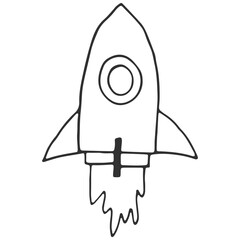 A playful cartoon vector illustration of a rocket spaceship icon taking off from a water drop like a surfboard toy ship