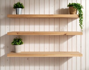 Wooden shelves with potted plants