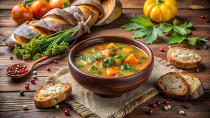 Bowl of hearty vegetable soup with bread and spices