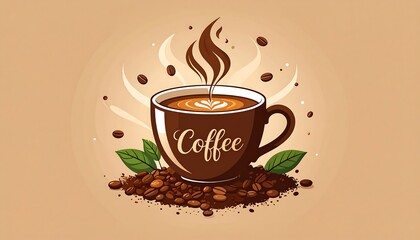 Obraz premium A rich, steaming cup of coffee sits amidst coffee beans and leaves, showcasing a stylized design and warm tones.