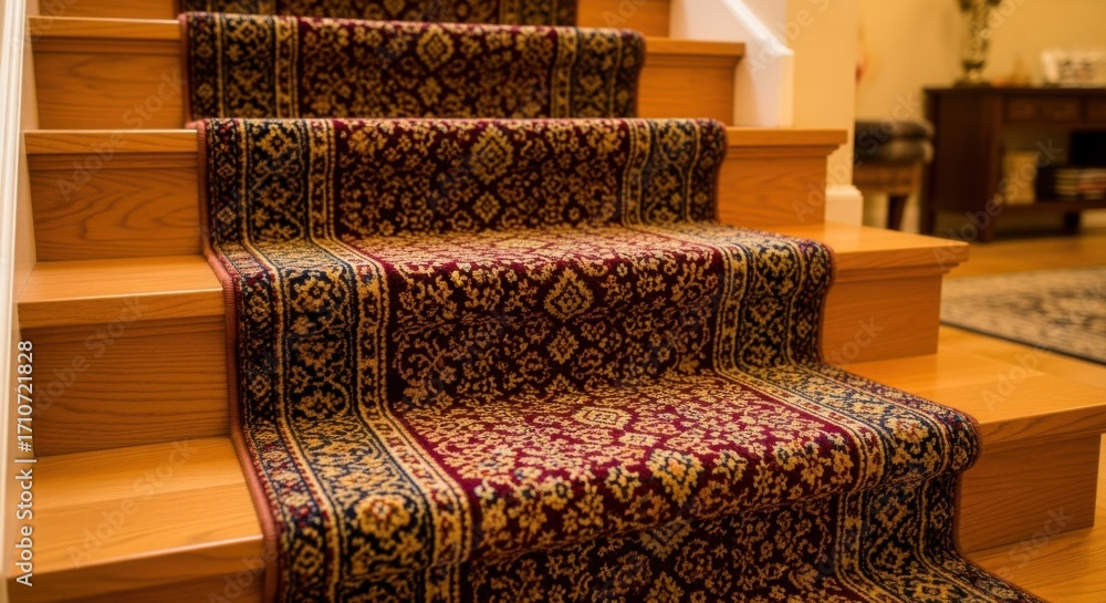 Poster of transforming bare wooden stairs into a cozy space by installing a waterfall carpet runner with intricate patterns.