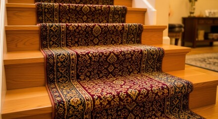 of transforming bare wooden stairs into a cozy space by installing a waterfall carpet runner with intricate patterns.