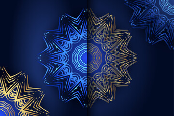 Elegant blue golden mandala with intricate ornamental floral design and mirrored symmetry