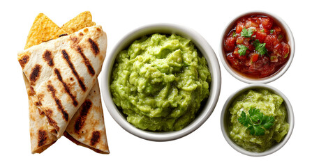 Delicious Guacamole and Salsa with Tortilla Chips on Transparent Background