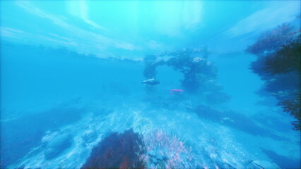A great white shark swims gracefully underwater, surrounded by a vibrant marine environment. The scene captures the sharks natural habitat, showcasing colorful coral formations.