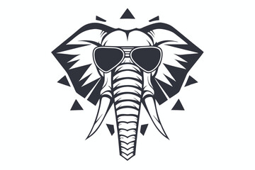 Stylized elephant head wearing sunglasses is featured in a monochrome badge with triangular accents