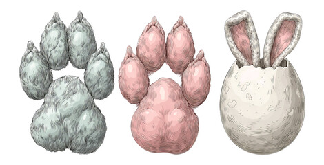 Cute Animal Paw Prints and Easter Egg on Transparent Background