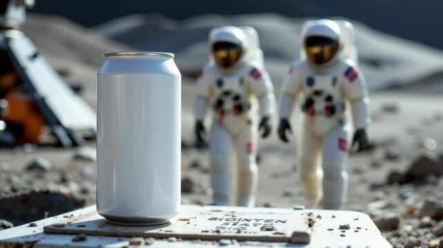 Refreshment on the Moon: A crisp, clean can of refreshing beverage rests on a surface in the barren landscape of the moon, with astronauts in the background.