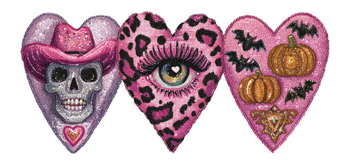 Colorful Halloween Heart Designs with Skull, Eye, and Pumpkins