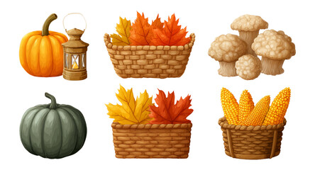 Autumn Harvest Elements with Pumpkins, Leaves, Lanterns, and Corn on Transparent Background