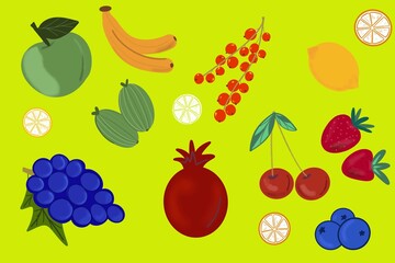 Set of fruits and berries. Vector illustration.
