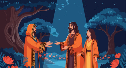 Fototapeta premium Three Biblical Figures in Tunics Conversing in an Enchanted Forest at Night