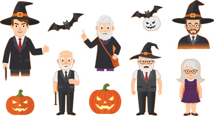 Halloween themed illustration with people in costumes and pumpkins on an orange background design